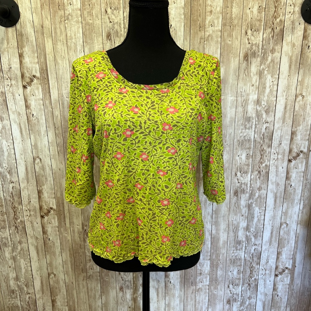 Sigrid‎ Olsen Lime Green and Pink Floral Blouse - WMNS L